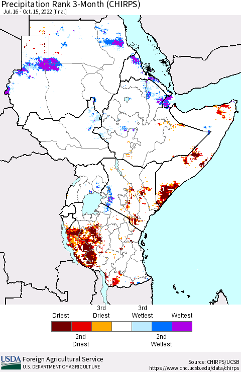 Eastern Africa Precipitation Rank since 1981, 3-Month (CHIRPS) Thematic Map For 7/16/2022 - 10/15/2022