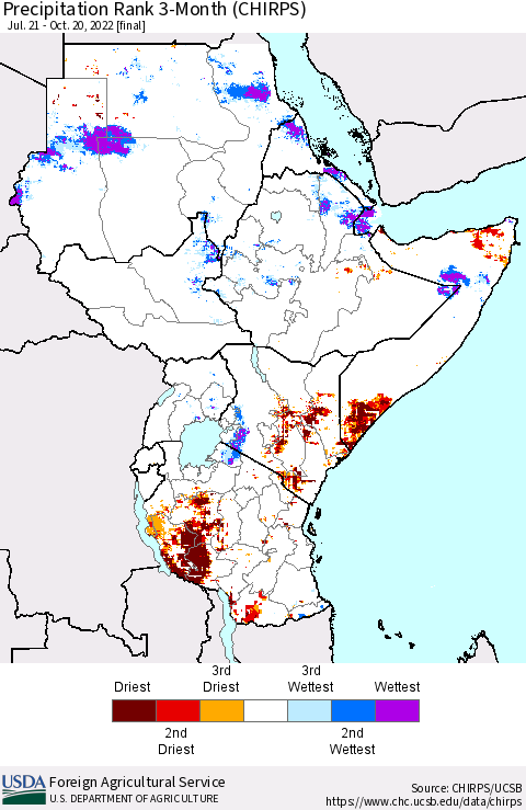 Eastern Africa Precipitation Rank since 1981, 3-Month (CHIRPS) Thematic Map For 7/21/2022 - 10/20/2022