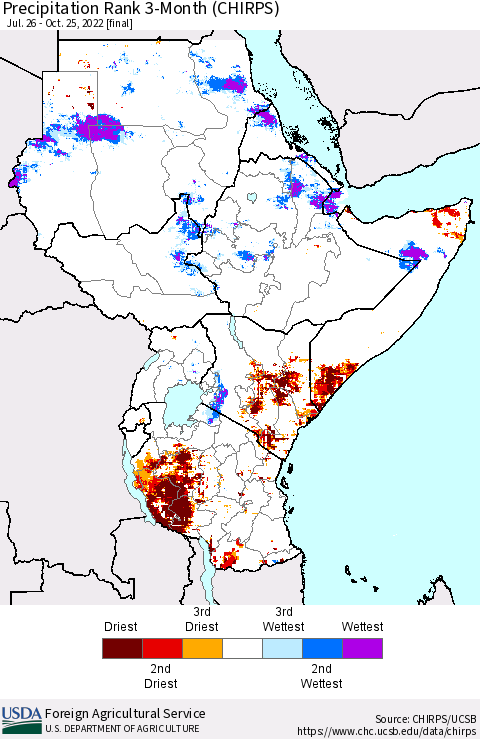 Eastern Africa Precipitation Rank since 1981, 3-Month (CHIRPS) Thematic Map For 7/26/2022 - 10/25/2022