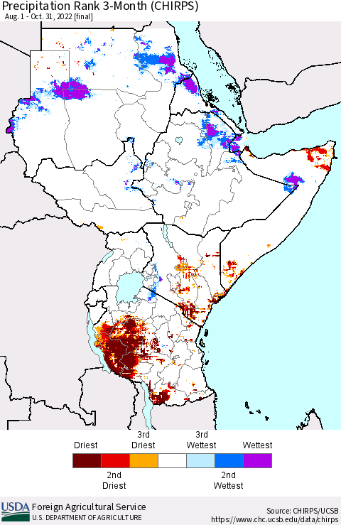 Eastern Africa Precipitation Rank since 1981, 3-Month (CHIRPS) Thematic Map For 8/1/2022 - 10/31/2022