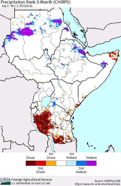 Eastern Africa Precipitation Rank since 1981, 3-Month (CHIRPS) Thematic Map For 8/6/2022 - 11/5/2022