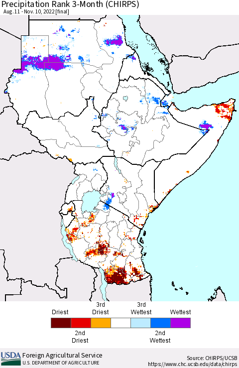 Eastern Africa Precipitation Rank since 1981, 3-Month (CHIRPS) Thematic Map For 8/11/2022 - 11/10/2022