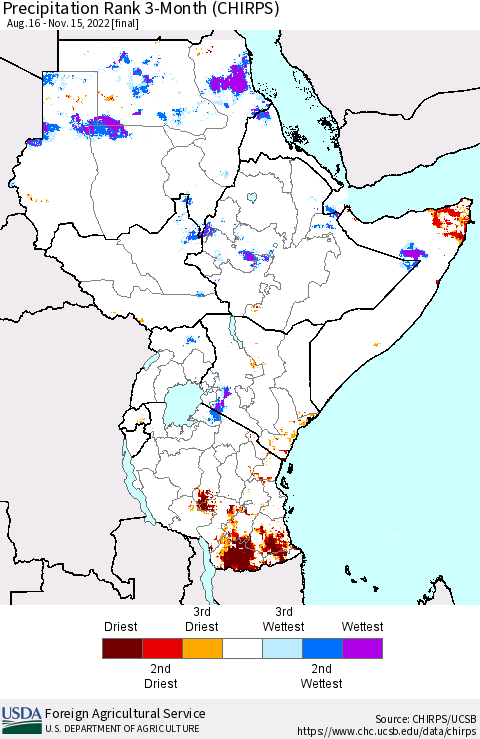 Eastern Africa Precipitation Rank since 1981, 3-Month (CHIRPS) Thematic Map For 8/16/2022 - 11/15/2022