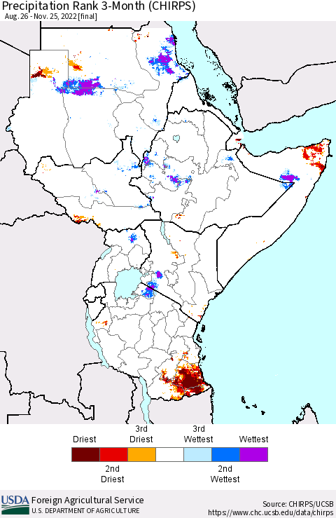 Eastern Africa Precipitation Rank since 1981, 3-Month (CHIRPS) Thematic Map For 8/26/2022 - 11/25/2022