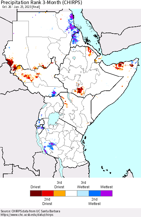 Eastern Africa Precipitation Rank since 1981, 3-Month (CHIRPS) Thematic Map For 10/26/2022 - 1/25/2023