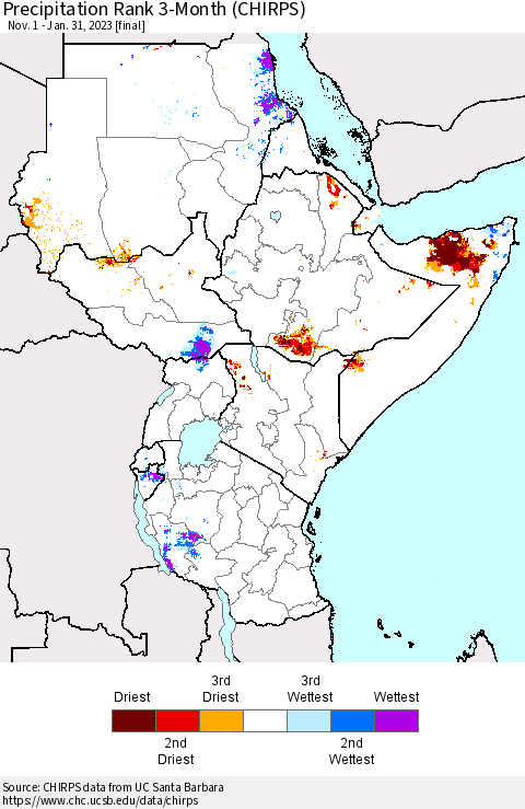 Eastern Africa Precipitation Rank since 1981, 3-Month (CHIRPS) Thematic Map For 11/1/2022 - 1/31/2023