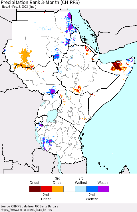 Eastern Africa Precipitation Rank since 1981, 3-Month (CHIRPS) Thematic Map For 11/6/2022 - 2/5/2023