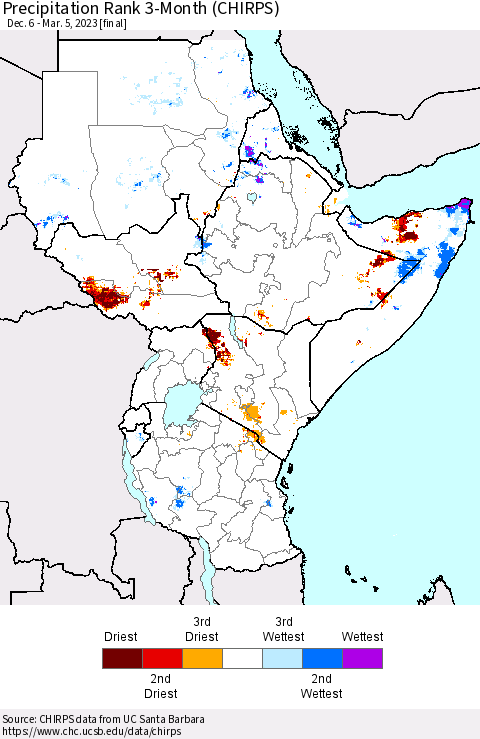 Eastern Africa Precipitation Rank since 1981, 3-Month (CHIRPS) Thematic Map For 12/6/2022 - 3/5/2023