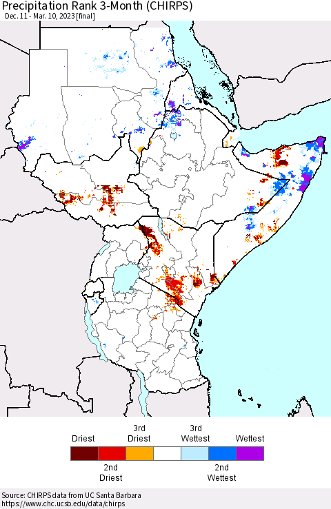 Eastern Africa Precipitation Rank since 1981, 3-Month (CHIRPS) Thematic Map For 12/11/2022 - 3/10/2023