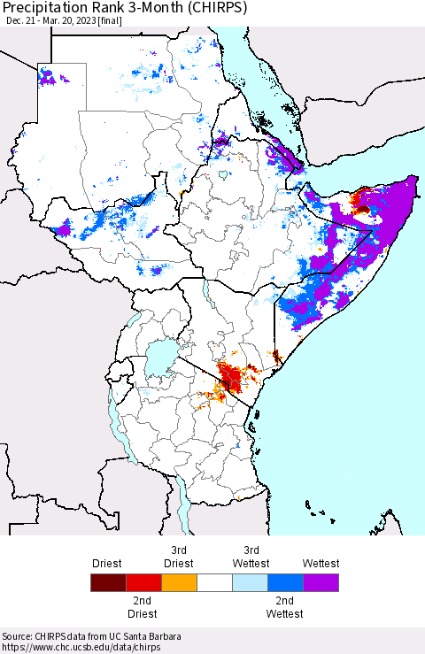 Eastern Africa Precipitation Rank since 1981, 3-Month (CHIRPS) Thematic Map For 12/21/2022 - 3/20/2023