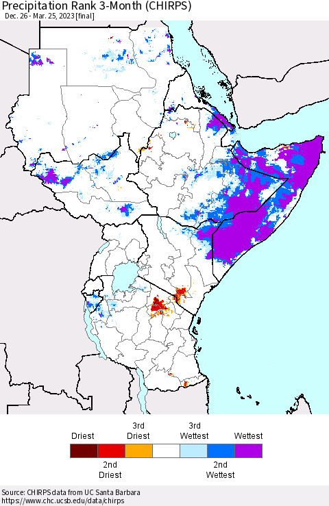 Eastern Africa Precipitation Rank since 1981, 3-Month (CHIRPS) Thematic Map For 12/26/2022 - 3/25/2023