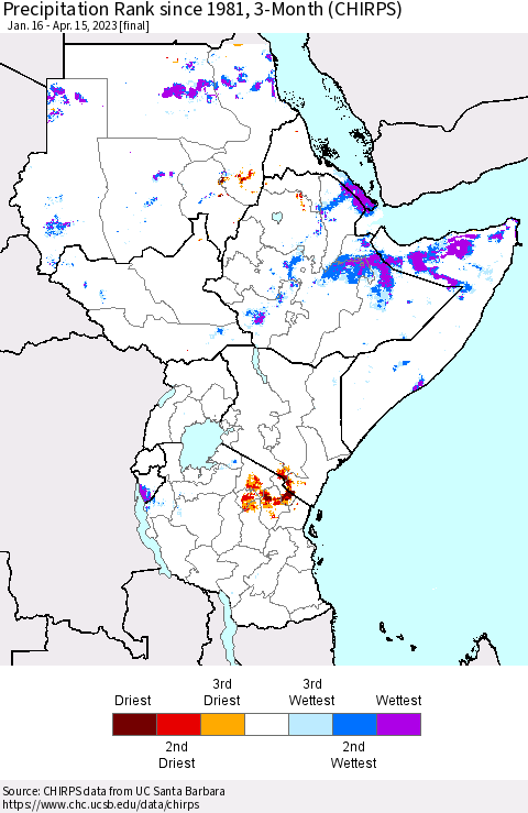 Eastern Africa Precipitation Rank since 1981, 3-Month (CHIRPS) Thematic Map For 1/16/2023 - 4/15/2023
