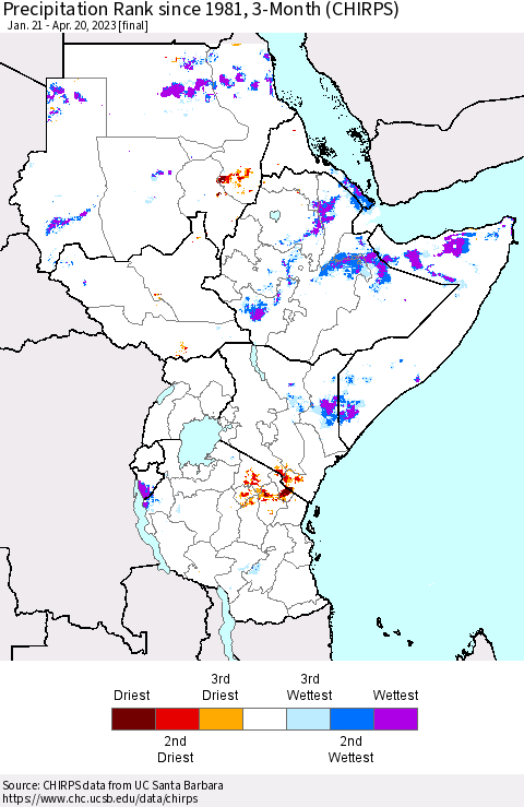 Eastern Africa Precipitation Rank since 1981, 3-Month (CHIRPS) Thematic Map For 1/21/2023 - 4/20/2023