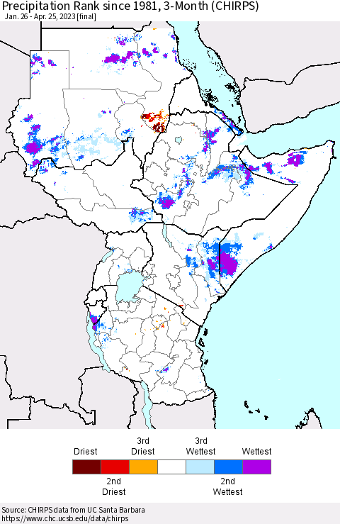 Eastern Africa Precipitation Rank since 1981, 3-Month (CHIRPS) Thematic Map For 1/26/2023 - 4/25/2023