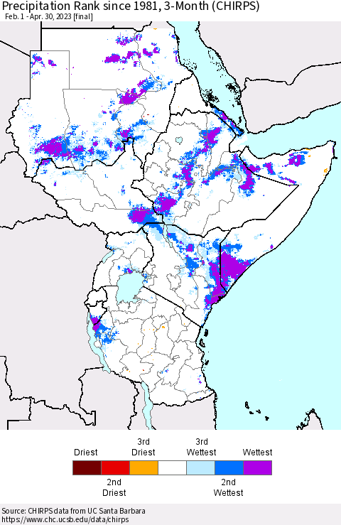 Eastern Africa Precipitation Rank since 1981, 3-Month (CHIRPS) Thematic Map For 2/1/2023 - 4/30/2023