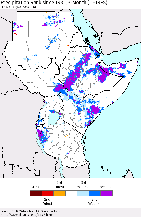 Eastern Africa Precipitation Rank since 1981, 3-Month (CHIRPS) Thematic Map For 2/6/2023 - 5/5/2023
