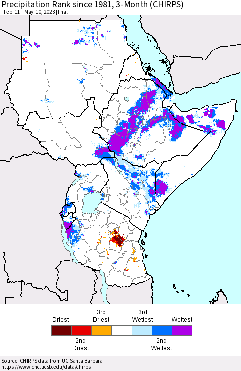 Eastern Africa Precipitation Rank since 1981, 3-Month (CHIRPS) Thematic Map For 2/11/2023 - 5/10/2023