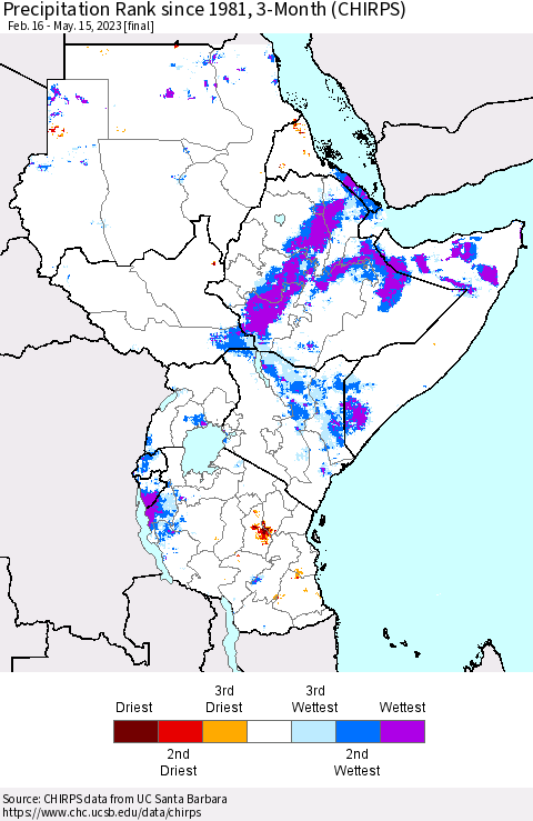 Eastern Africa Precipitation Rank since 1981, 3-Month (CHIRPS) Thematic Map For 2/16/2023 - 5/15/2023