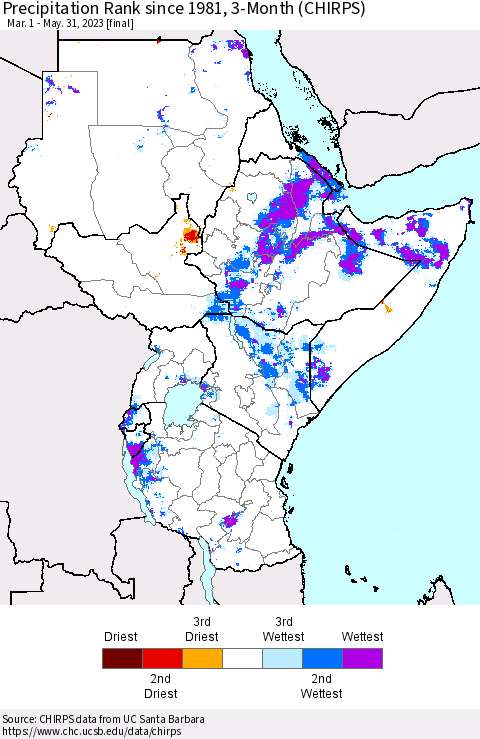 Eastern Africa Precipitation Rank since 1981, 3-Month (CHIRPS) Thematic Map For 3/1/2023 - 5/31/2023