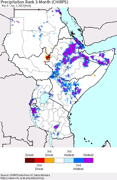 Eastern Africa Precipitation Rank since 1981, 3-Month (CHIRPS) Thematic Map For 3/6/2023 - 6/5/2023