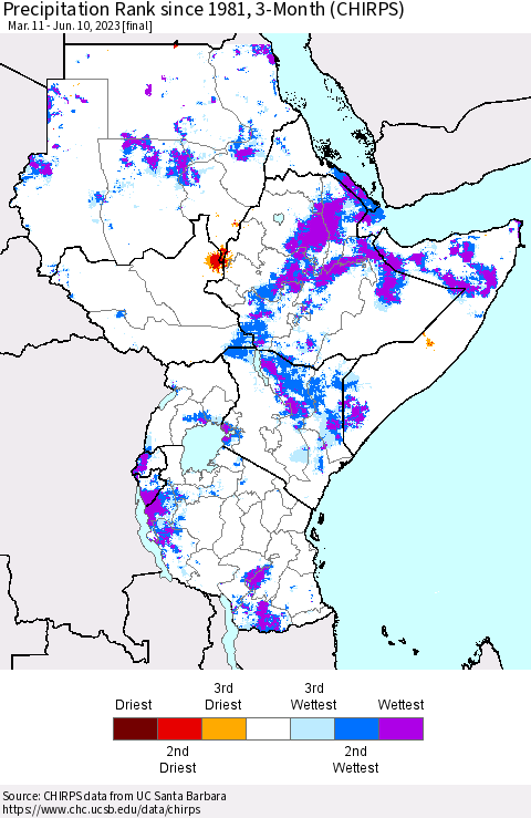 Eastern Africa Precipitation Rank since 1981, 3-Month (CHIRPS) Thematic Map For 3/11/2023 - 6/10/2023