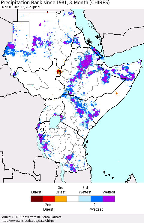 Eastern Africa Precipitation Rank since 1981, 3-Month (CHIRPS) Thematic Map For 3/16/2023 - 6/15/2023