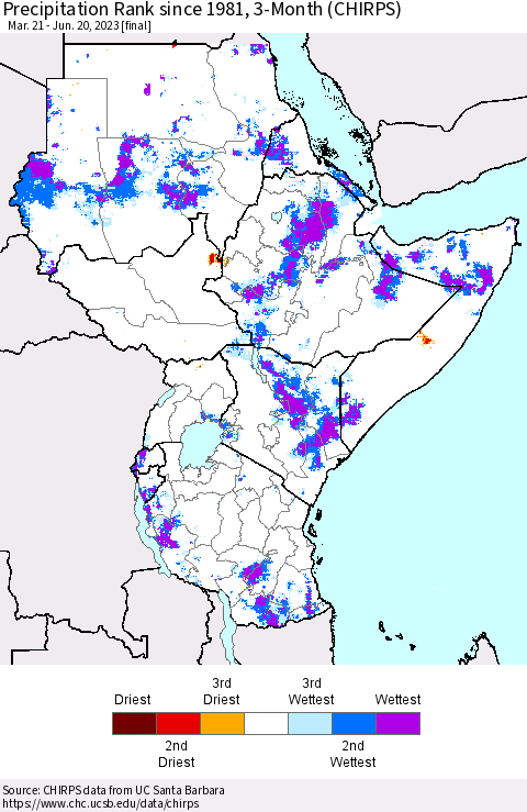 Eastern Africa Precipitation Rank since 1981, 3-Month (CHIRPS) Thematic Map For 3/21/2023 - 6/20/2023