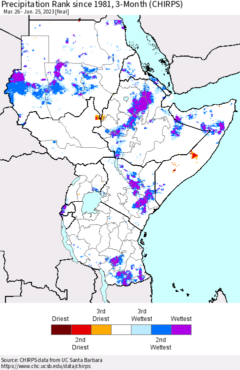 Eastern Africa Precipitation Rank since 1981, 3-Month (CHIRPS) Thematic Map For 3/26/2023 - 6/25/2023