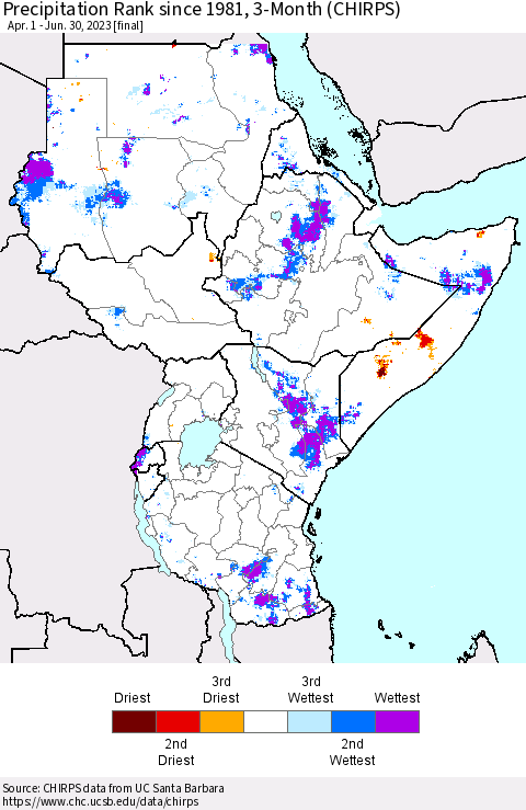 Eastern Africa Precipitation Rank since 1981, 3-Month (CHIRPS) Thematic Map For 4/1/2023 - 6/30/2023