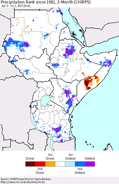 Eastern Africa Precipitation Rank since 1981, 3-Month (CHIRPS) Thematic Map For 4/6/2023 - 7/5/2023