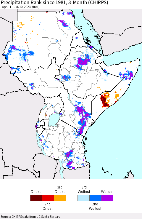 Eastern Africa Precipitation Rank since 1981, 3-Month (CHIRPS) Thematic Map For 4/11/2023 - 7/10/2023