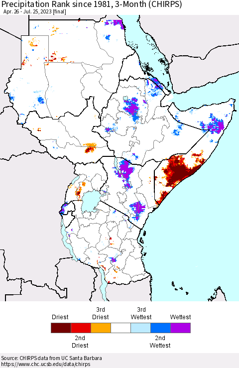 Eastern Africa Precipitation Rank since 1981, 3-Month (CHIRPS) Thematic Map For 4/26/2023 - 7/25/2023