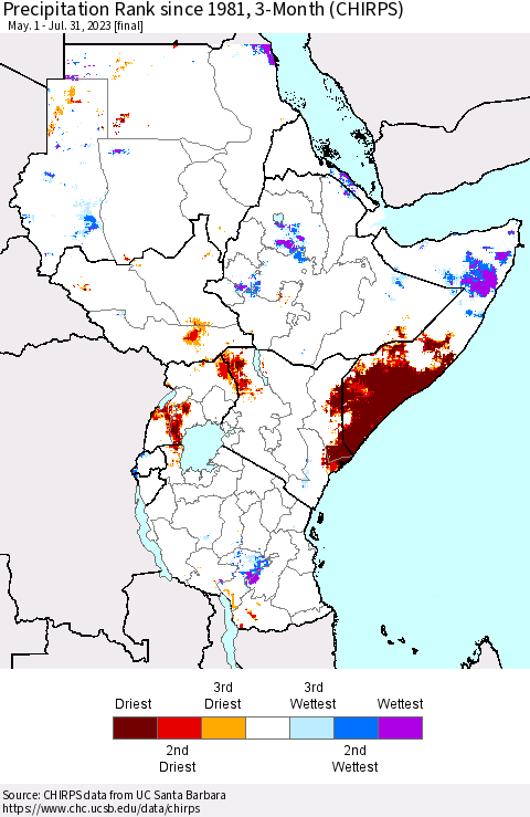Eastern Africa Precipitation Rank since 1981, 3-Month (CHIRPS) Thematic Map For 5/1/2023 - 7/31/2023