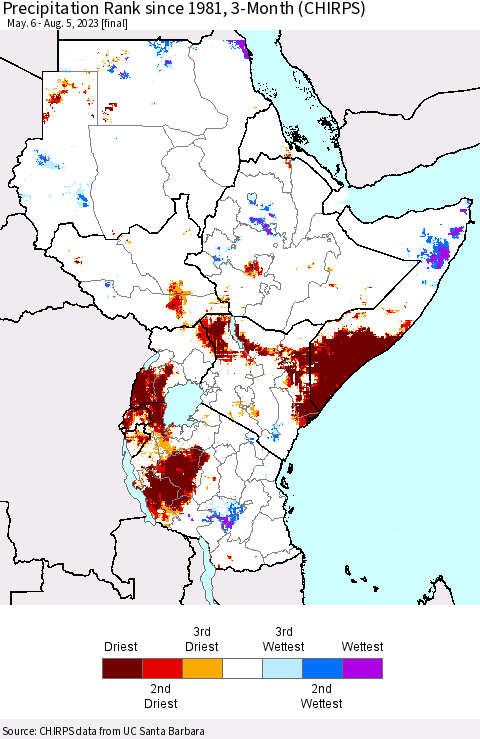Eastern Africa Precipitation Rank since 1981, 3-Month (CHIRPS) Thematic Map For 5/6/2023 - 8/5/2023
