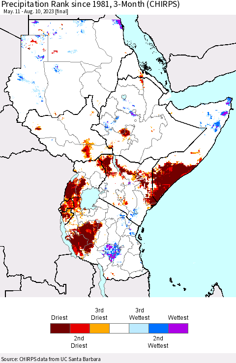 Eastern Africa Precipitation Rank since 1981, 3-Month (CHIRPS) Thematic Map For 5/11/2023 - 8/10/2023
