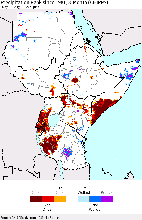 Eastern Africa Precipitation Rank since 1981, 3-Month (CHIRPS) Thematic Map For 5/16/2023 - 8/15/2023