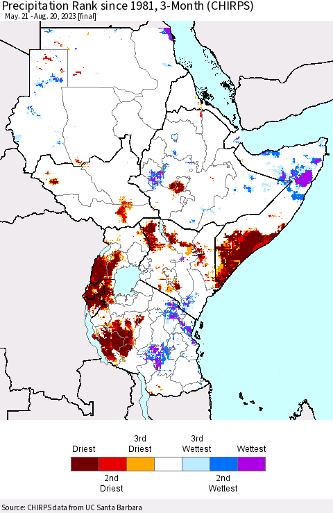 Eastern Africa Precipitation Rank since 1981, 3-Month (CHIRPS) Thematic Map For 5/21/2023 - 8/20/2023