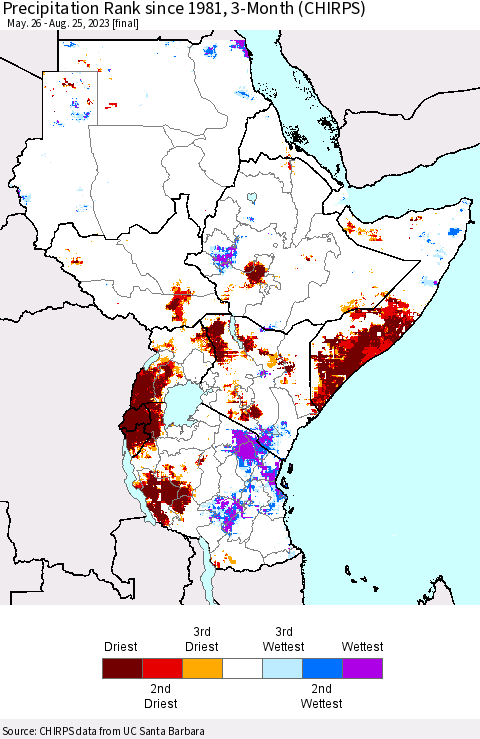 Eastern Africa Precipitation Rank since 1981, 3-Month (CHIRPS) Thematic Map For 5/26/2023 - 8/25/2023