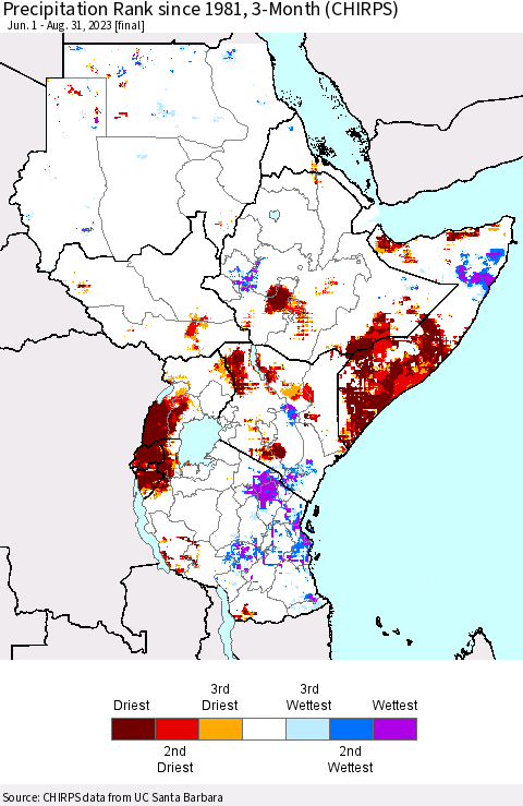 Eastern Africa Precipitation Rank since 1981, 3-Month (CHIRPS) Thematic Map For 6/1/2023 - 8/31/2023
