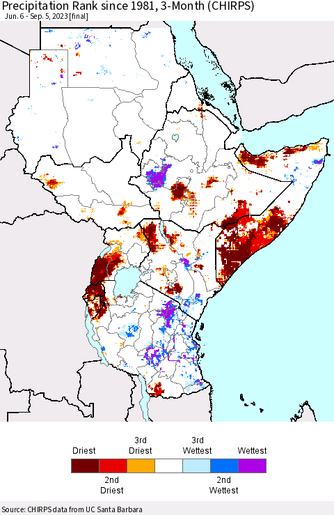 Eastern Africa Precipitation Rank since 1981, 3-Month (CHIRPS) Thematic Map For 6/6/2023 - 9/5/2023