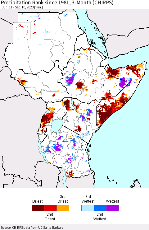 Eastern Africa Precipitation Rank since 1981, 3-Month (CHIRPS) Thematic Map For 6/11/2023 - 9/10/2023