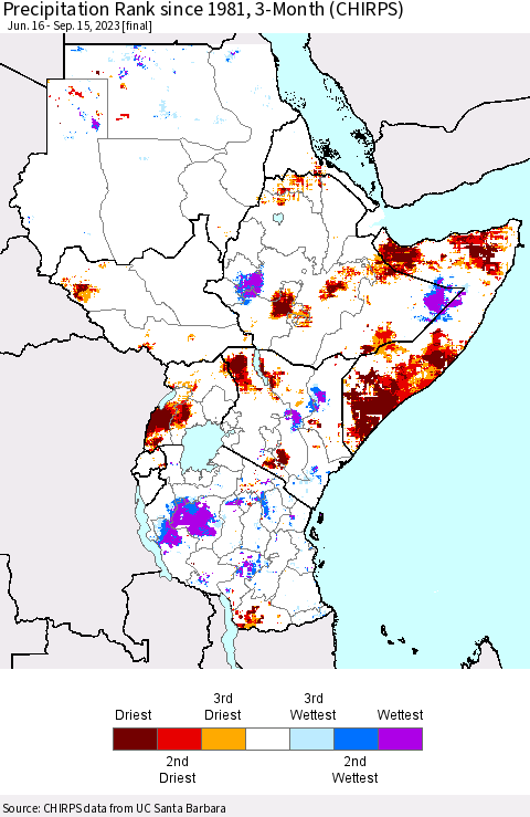 Eastern Africa Precipitation Rank since 1981, 3-Month (CHIRPS) Thematic Map For 6/16/2023 - 9/15/2023