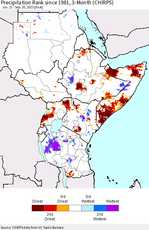 Eastern Africa Precipitation Rank since 1981, 3-Month (CHIRPS) Thematic Map For 6/21/2023 - 9/20/2023