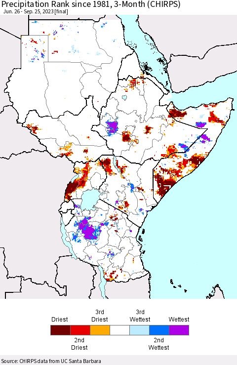Eastern Africa Precipitation Rank since 1981, 3-Month (CHIRPS) Thematic Map For 6/26/2023 - 9/25/2023