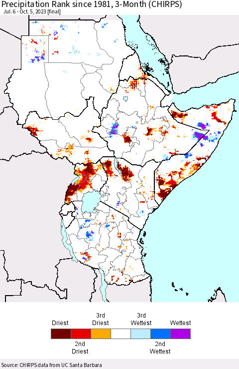 Eastern Africa Precipitation Rank since 1981, 3-Month (CHIRPS) Thematic Map For 7/6/2023 - 10/5/2023