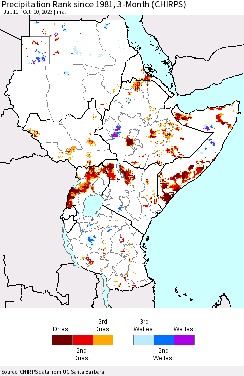 Eastern Africa Precipitation Rank since 1981, 3-Month (CHIRPS) Thematic Map For 7/11/2023 - 10/10/2023
