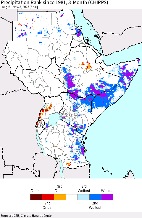 Eastern Africa Precipitation Rank since 1981, 3-Month (CHIRPS) Thematic Map For 8/6/2023 - 11/5/2023