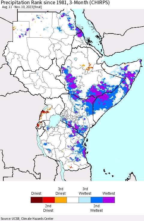 Eastern Africa Precipitation Rank since 1981, 3-Month (CHIRPS) Thematic Map For 8/11/2023 - 11/10/2023