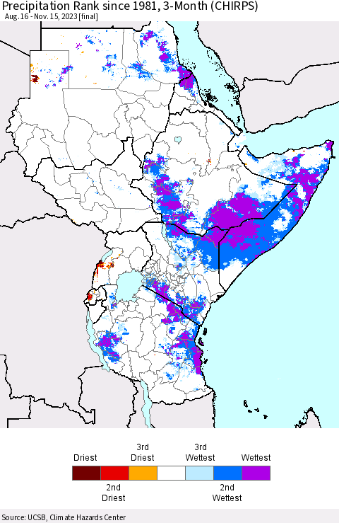 Eastern Africa Precipitation Rank since 1981, 3-Month (CHIRPS) Thematic Map For 8/16/2023 - 11/15/2023