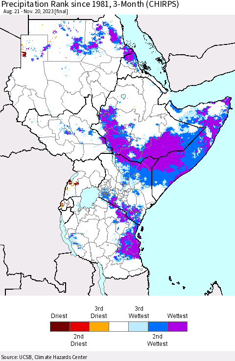 Eastern Africa Precipitation Rank since 1981, 3-Month (CHIRPS) Thematic Map For 8/21/2023 - 11/20/2023